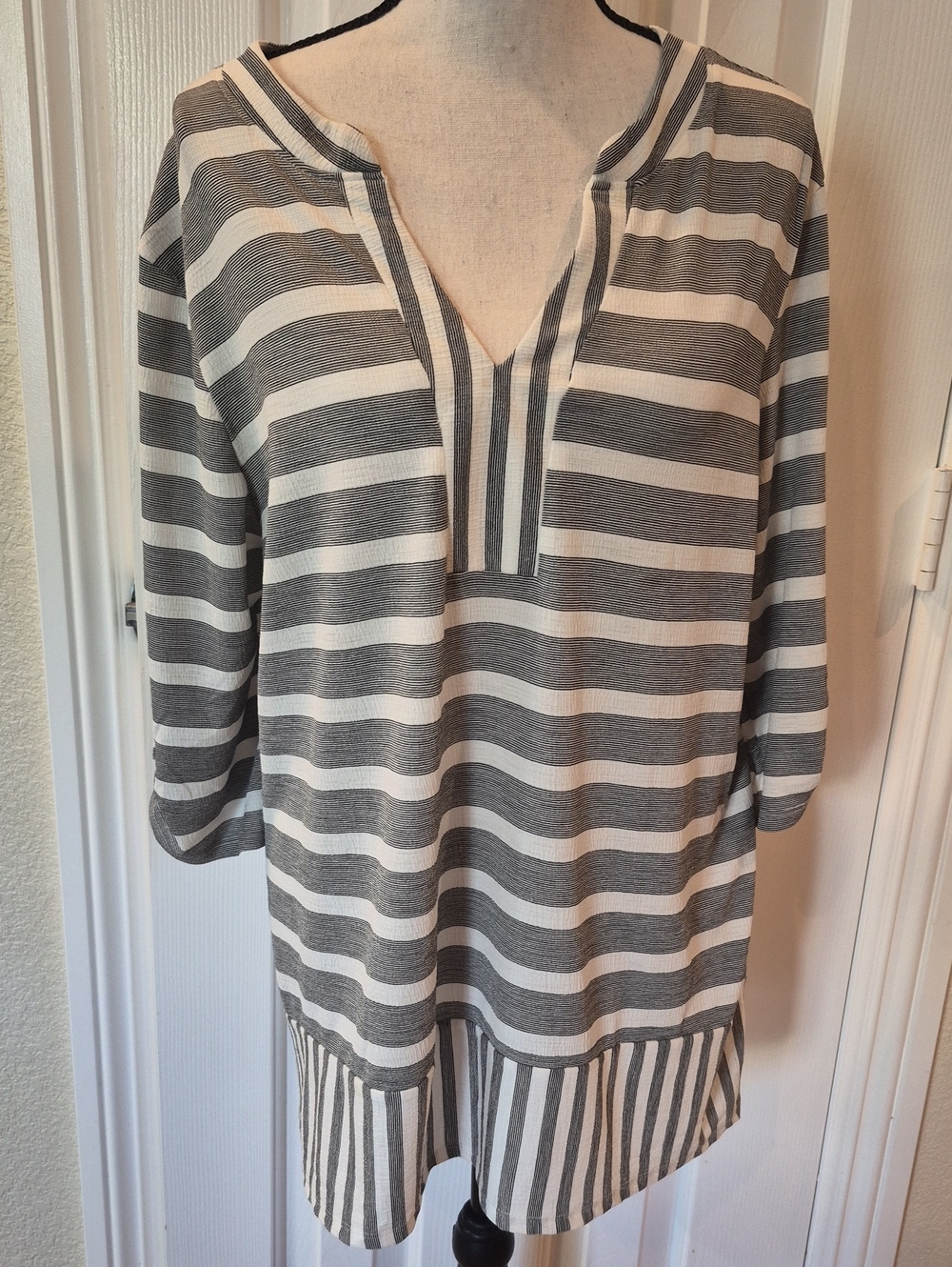 Striped V-Neck Tunic Top in Gray and White LRG